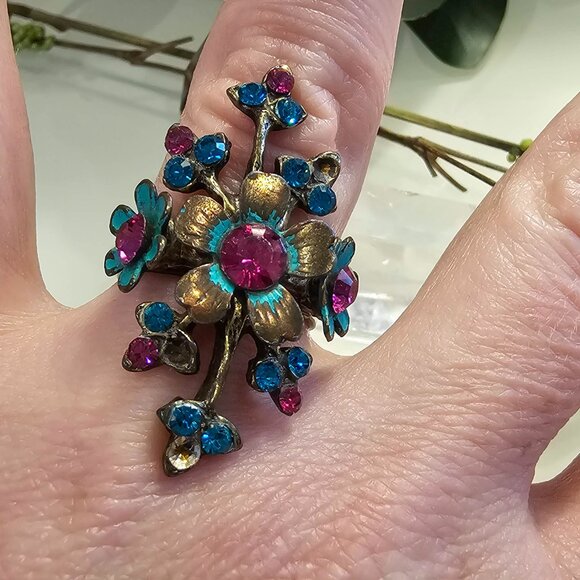 Vintage Michal Negrin Swarovski Teal Floral RIng - Picture 4 of 7